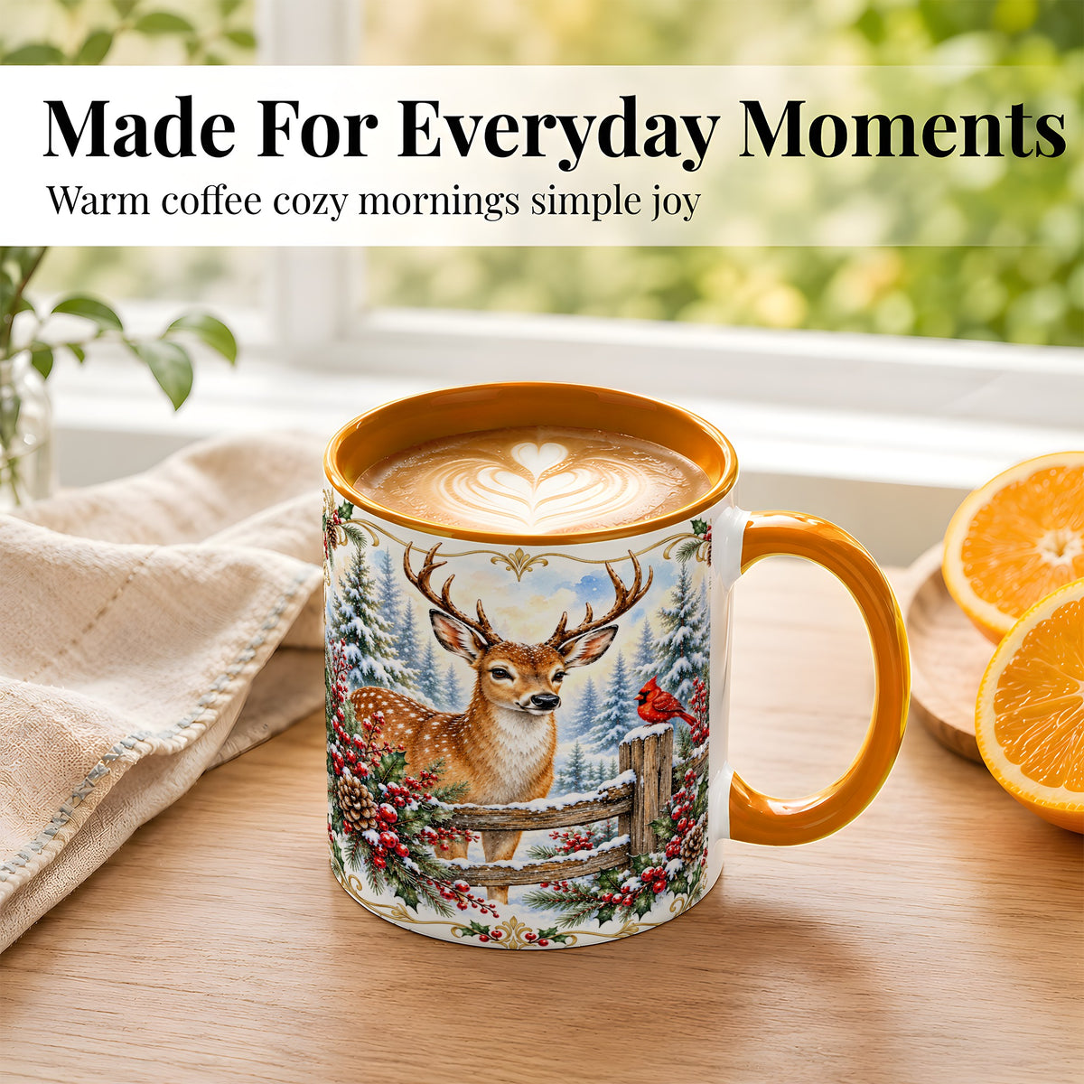 #pl[11oz|Orange] Christmas Buck Coffee Mug, Antlered Winter Deer Mug, Ceramic Cup