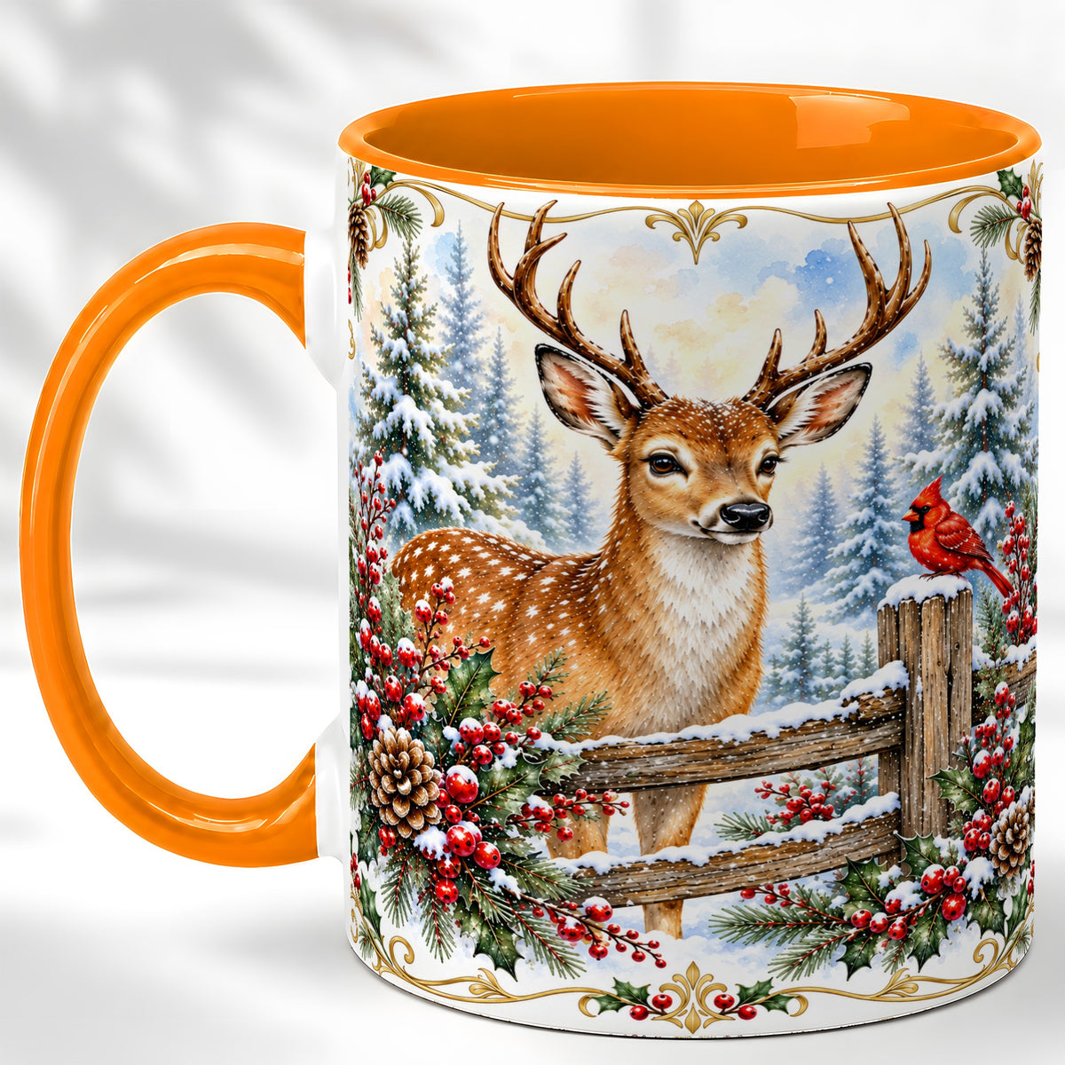 #pl[11oz|Orange] Christmas Buck Coffee Mug, Antlered Winter Deer Mug, Ceramic Cup