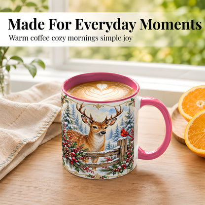 #pl[11oz|Pink] Christmas Buck Coffee Mug, Antlered Winter Deer Mug, Ceramic Cup