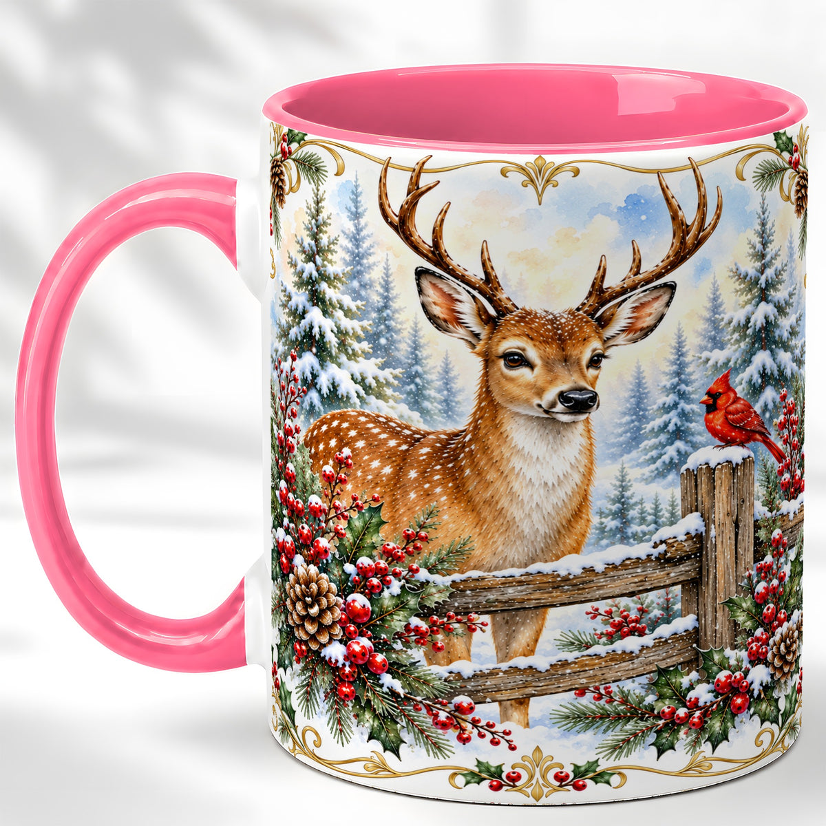 #pl[11oz|Pink] Christmas Buck Coffee Mug, Antlered Winter Deer Mug, Ceramic Cup