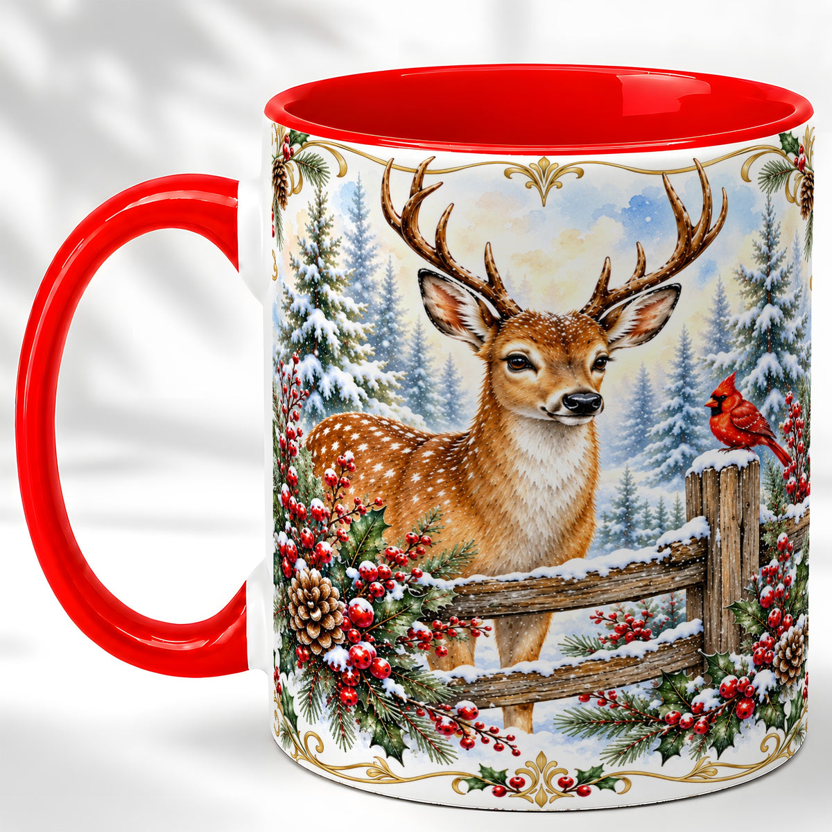 Christmas Buck Coffee Mug, Antlered Winter Deer Mug, Ceramic Cup