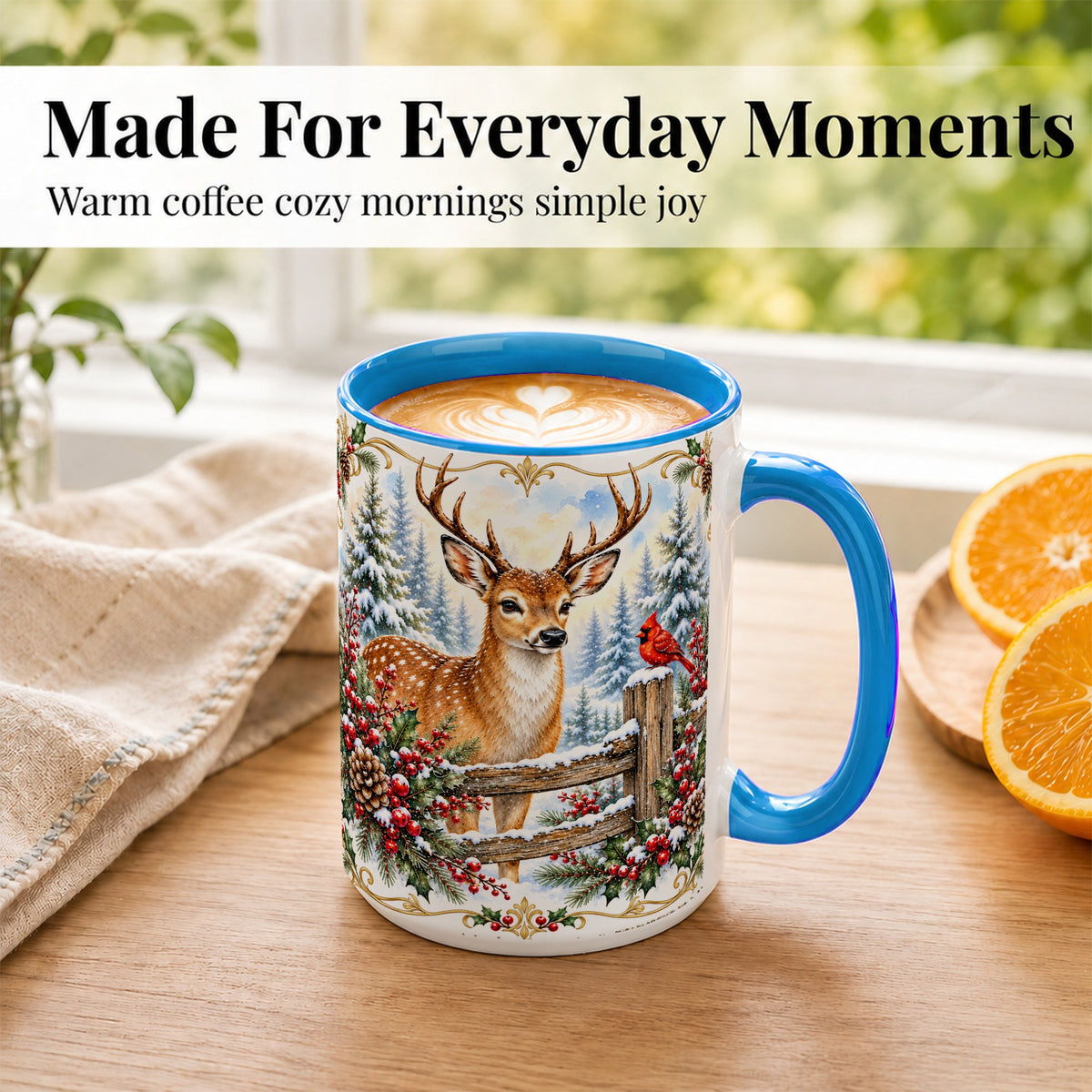#pl[15oz|Blue] Christmas Buck Coffee Mug, Antlered Winter Deer Mug, Ceramic Cup