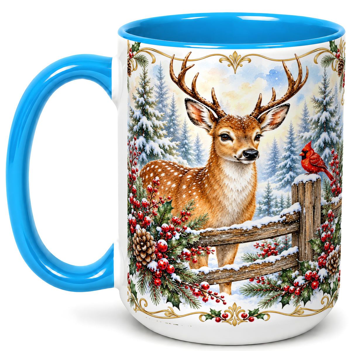 #pl[15oz|Blue] Christmas Buck Coffee Mug, Antlered Winter Deer Mug, Ceramic Cup