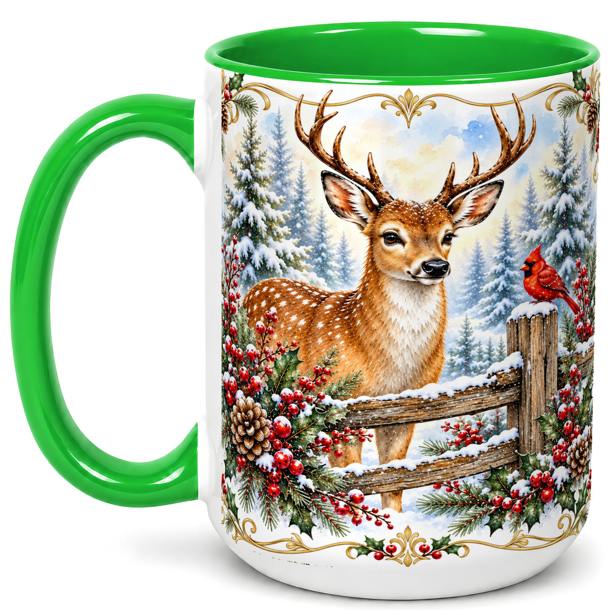 #pl[15oz|Green] Christmas Buck Coffee Mug, Antlered Winter Deer Mug, Ceramic Cup