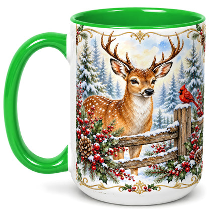 #pl[15oz|Green] Christmas Buck Coffee Mug, Antlered Winter Deer Mug, Ceramic Cup