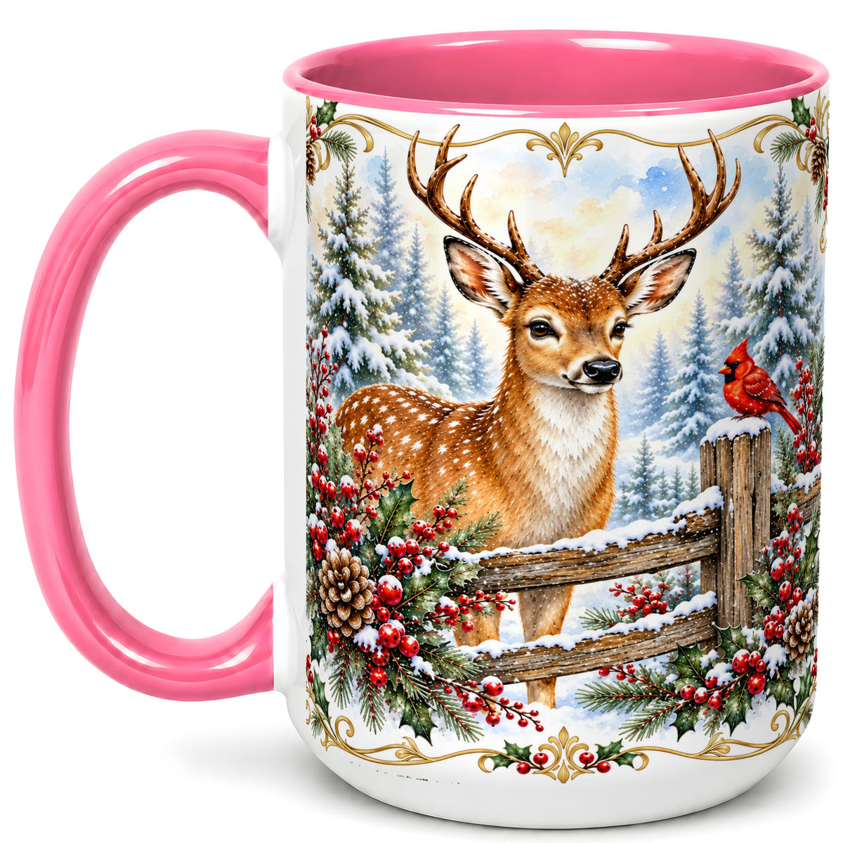 #pl[15oz|Pink] Christmas Buck Coffee Mug, Antlered Winter Deer Mug, Ceramic Cup