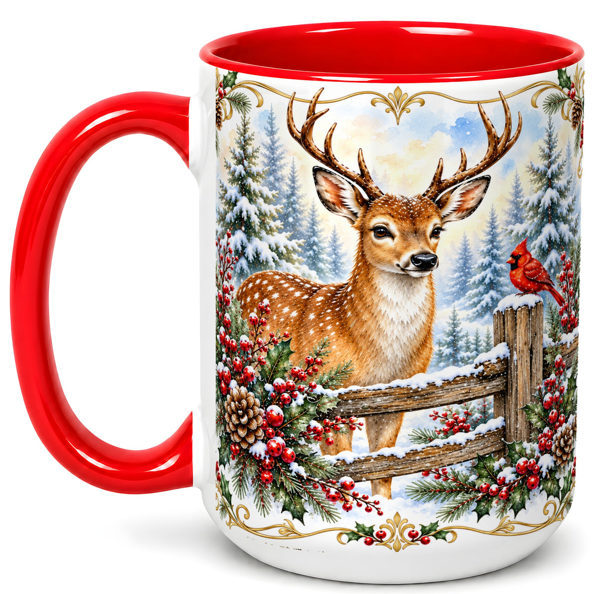 #pl[15oz|Red] Christmas Buck Coffee Mug, Antlered Winter Deer Mug, Ceramic Cup