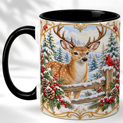 #pl[11oz|Black] Christmas Deer Coffee Mug, Ornate Winter Buck Mug, Ceramic Cup