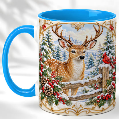 #pl[11oz|Blue] Christmas Deer Coffee Mug, Ornate Winter Buck Mug, Ceramic Cup
