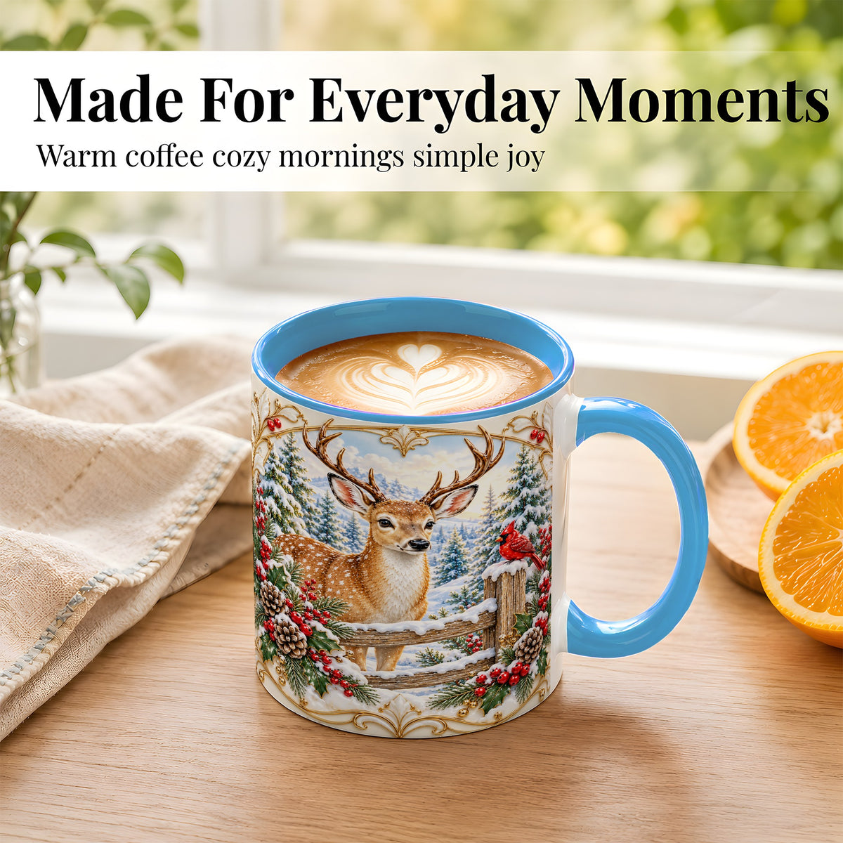 #pl[11oz|Blue] Christmas Deer Coffee Mug, Ornate Winter Buck Mug, Ceramic Cup