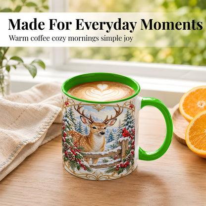 #pl[11oz|Green] Christmas Deer Coffee Mug, Ornate Winter Buck Mug, Ceramic Cup
