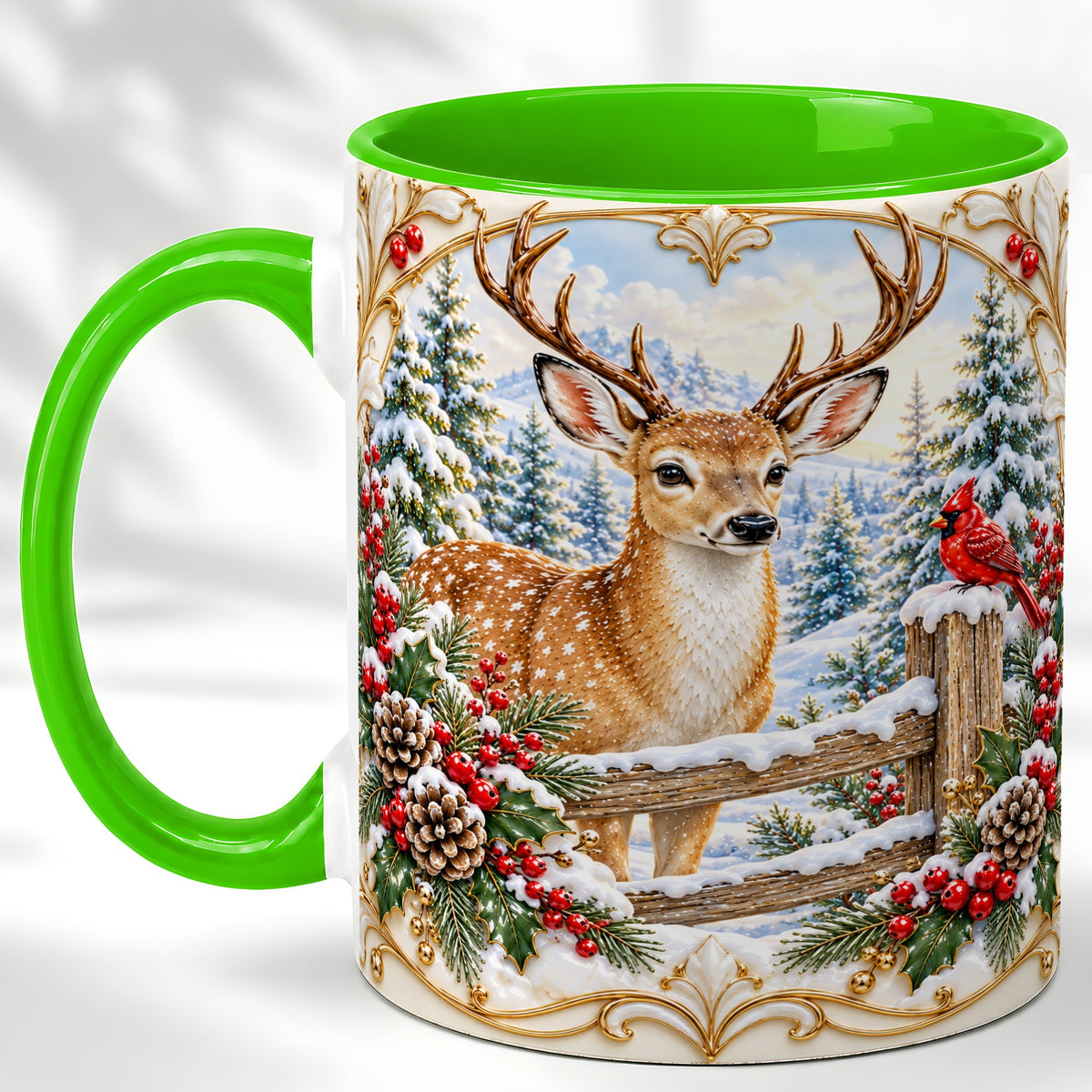 #pl[11oz|Green] Christmas Deer Coffee Mug, Ornate Winter Buck Mug, Ceramic Cup