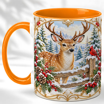#pl[11oz|Orange] Christmas Deer Coffee Mug, Ornate Winter Buck Mug, Ceramic Cup