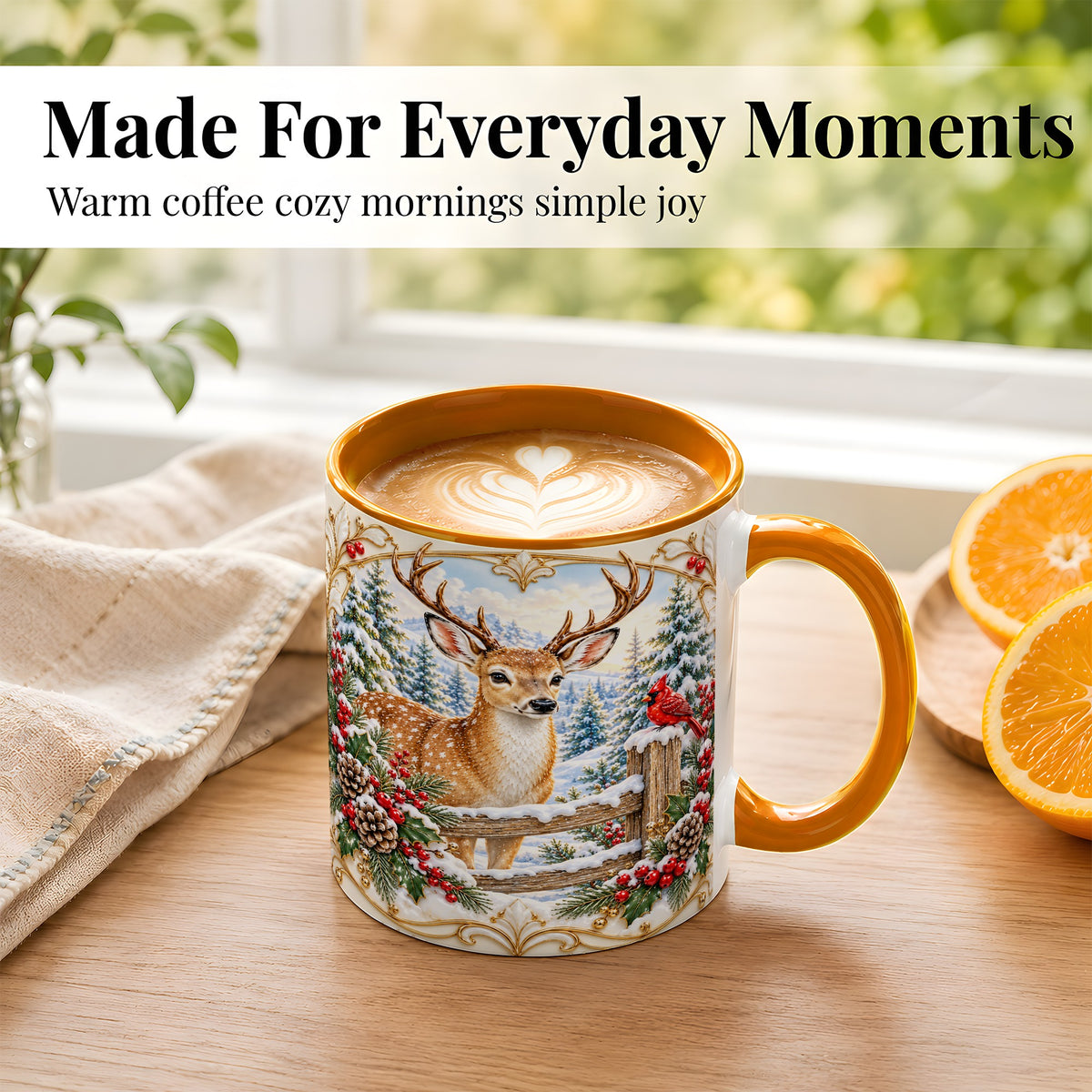 #pl[11oz|Orange] Christmas Deer Coffee Mug, Ornate Winter Buck Mug, Ceramic Cup