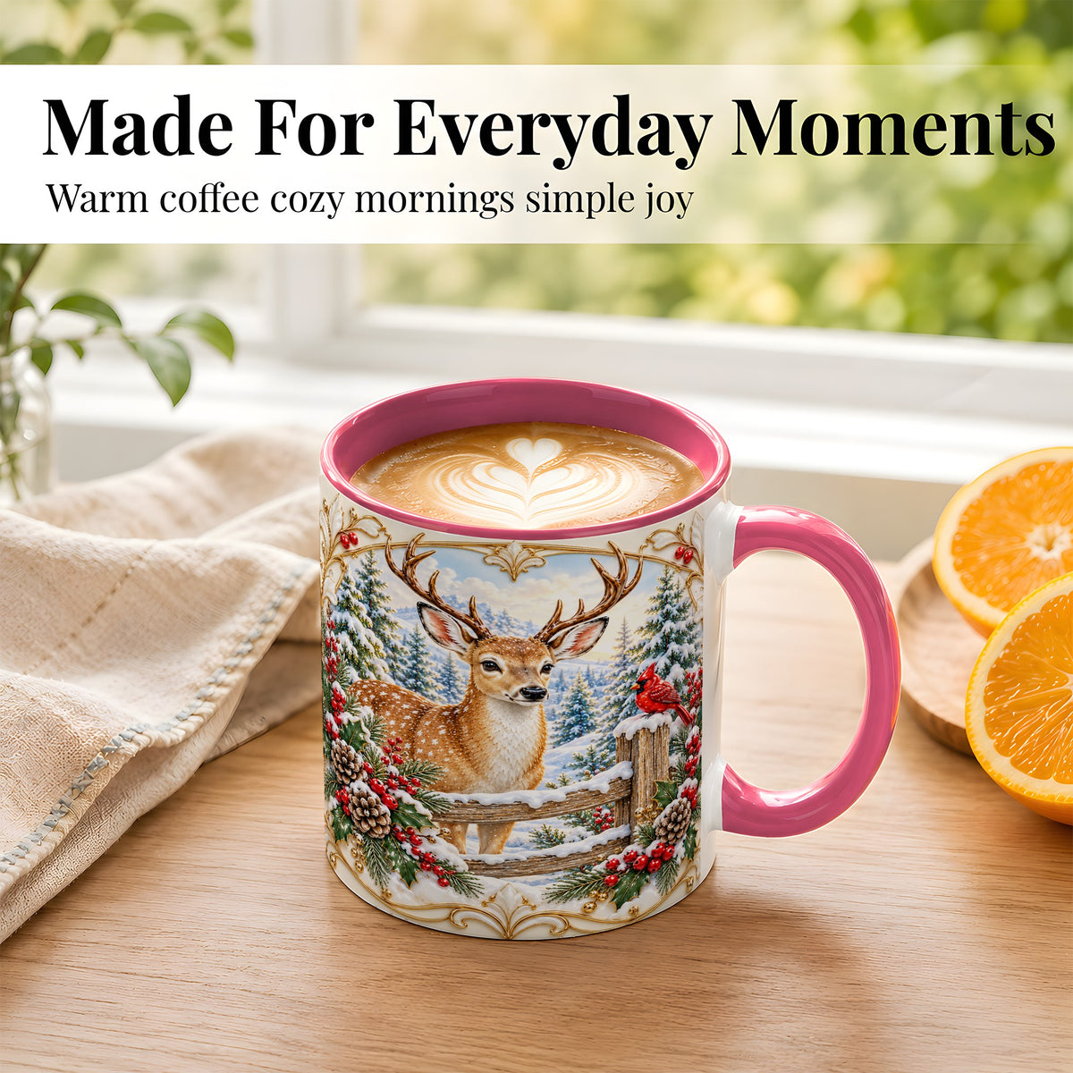 #pl[11oz|Pink] Christmas Deer Coffee Mug, Ornate Winter Buck Mug, Ceramic Cup