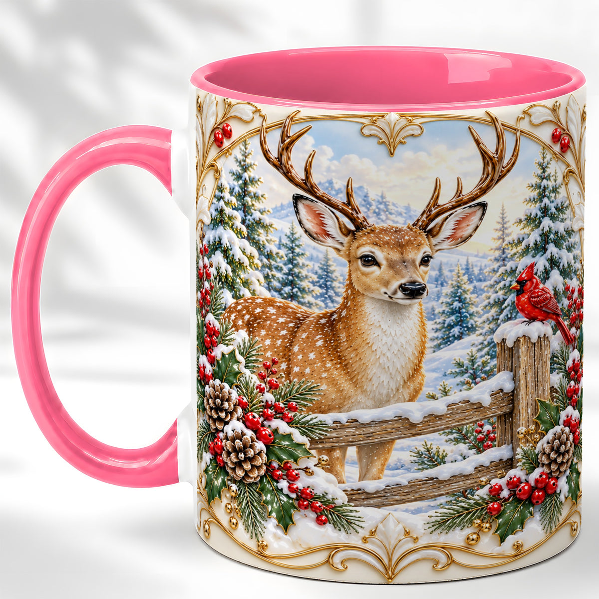 #pl[11oz|Pink] Christmas Deer Coffee Mug, Ornate Winter Buck Mug, Ceramic Cup