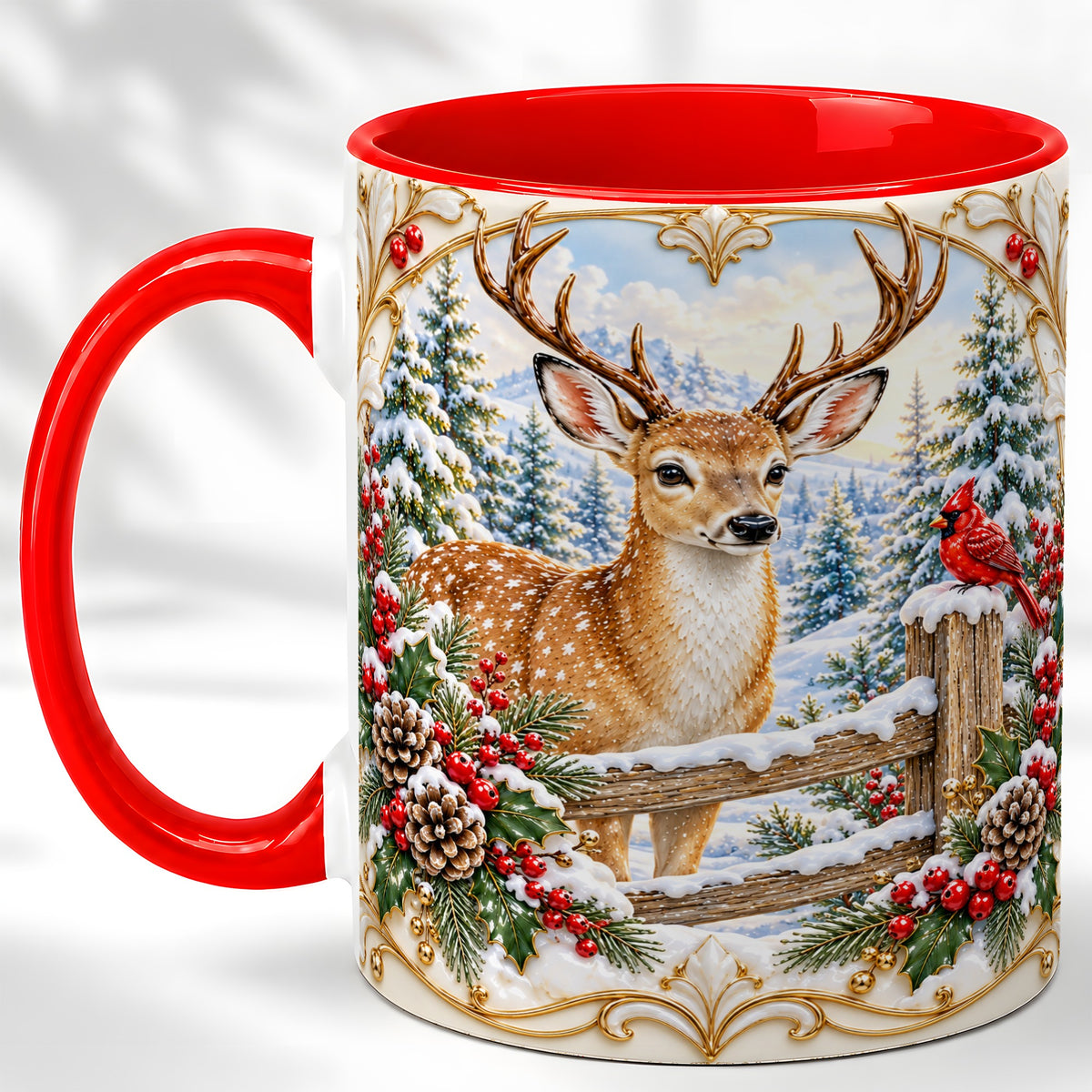 Christmas Deer Coffee Mug, Ornate Winter Buck Mug, Ceramic Cup