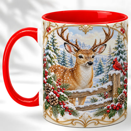 Christmas Deer Coffee Mug, Ornate Winter Buck Mug, Ceramic Cup