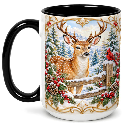 #pl[15oz|Black] Christmas Deer Coffee Mug, Ornate Winter Buck Mug, Ceramic Cup