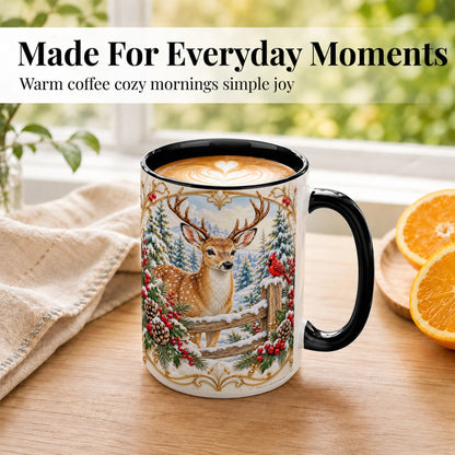 #pl[15oz|Black] Christmas Deer Coffee Mug, Ornate Winter Buck Mug, Ceramic Cup