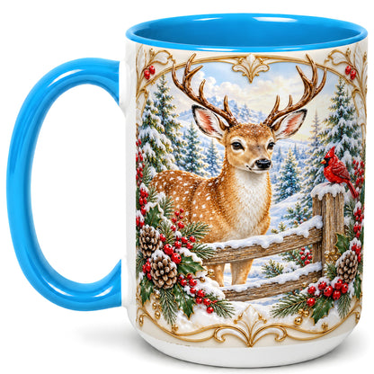#pl[15oz|Blue] Christmas Deer Coffee Mug, Ornate Winter Buck Mug, Ceramic Cup