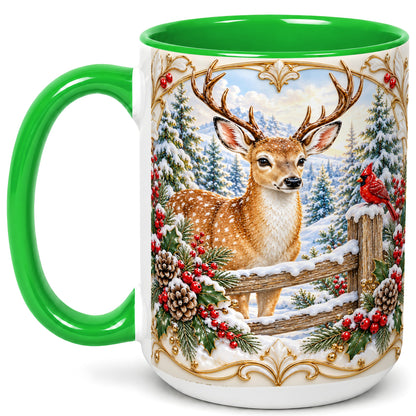 #pl[15oz|Green] Christmas Deer Coffee Mug, Ornate Winter Buck Mug, Ceramic Cup
