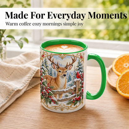 #pl[15oz|Green] Christmas Deer Coffee Mug, Ornate Winter Buck Mug, Ceramic Cup