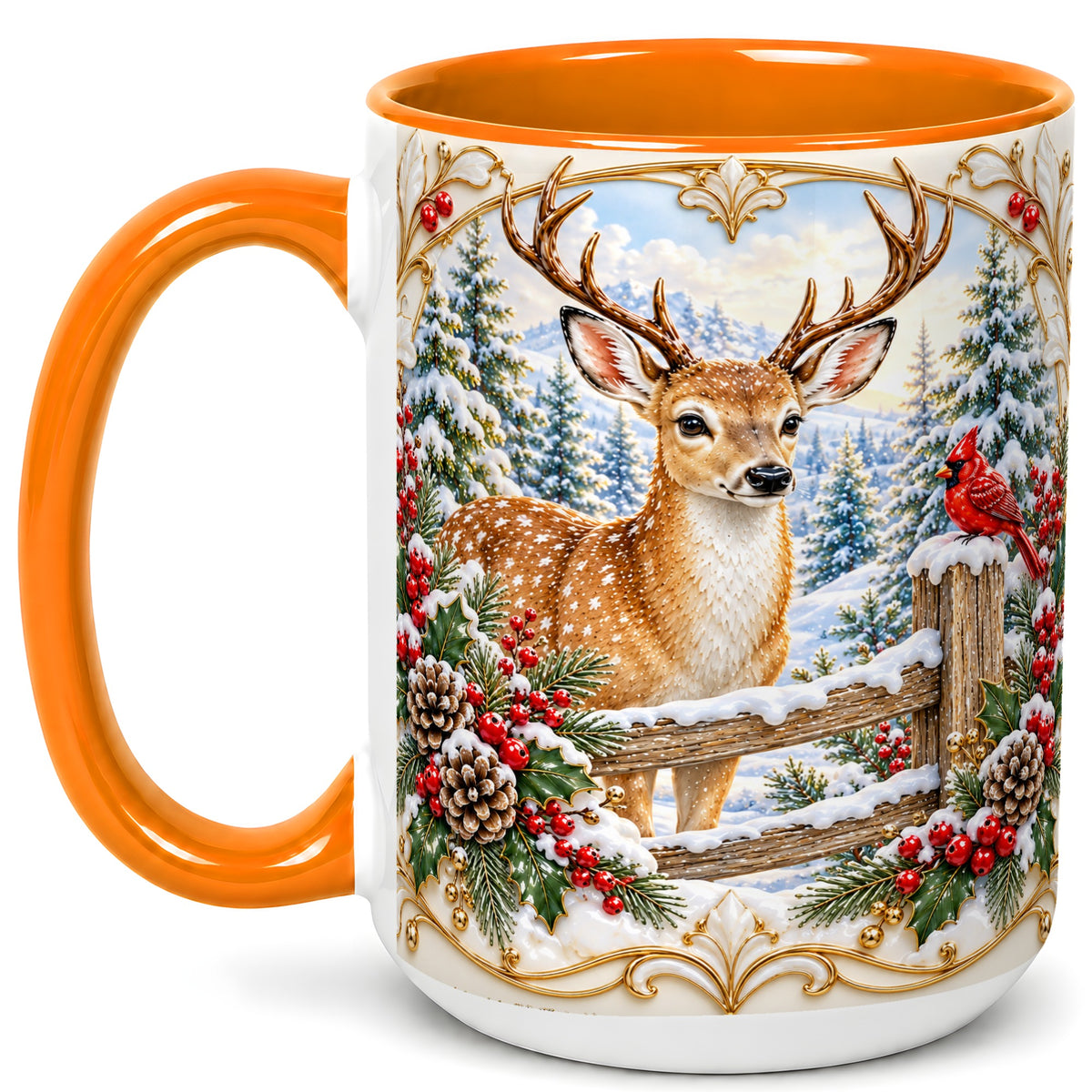 #pl[15oz|Orange] Christmas Deer Coffee Mug, Ornate Winter Buck Mug, Ceramic Cup