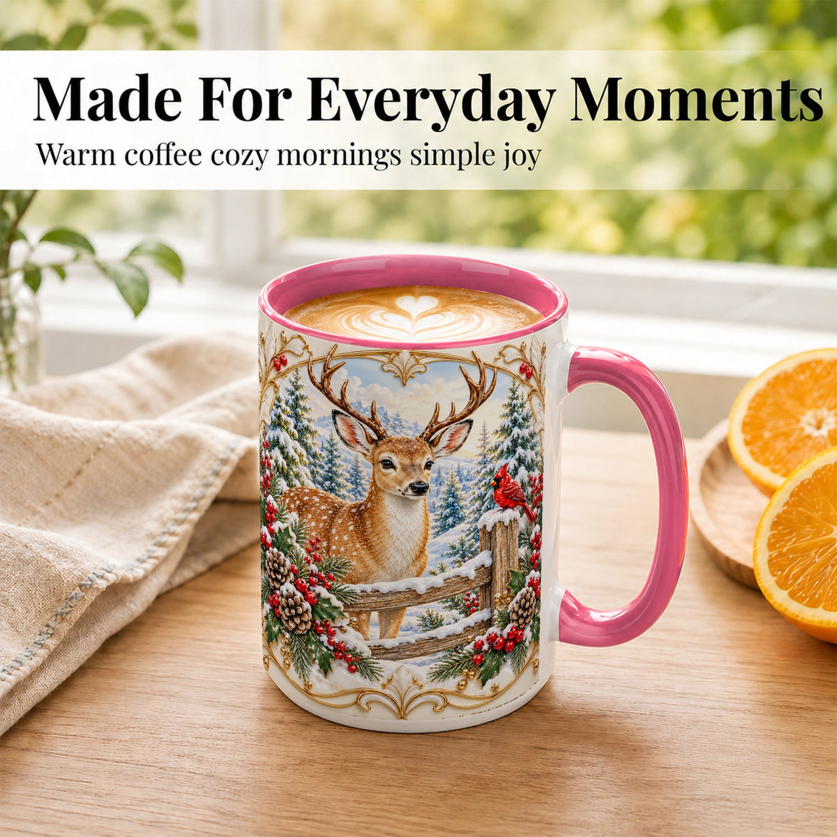 #pl[15oz|Pink] Christmas Deer Coffee Mug, Ornate Winter Buck Mug, Ceramic Cup