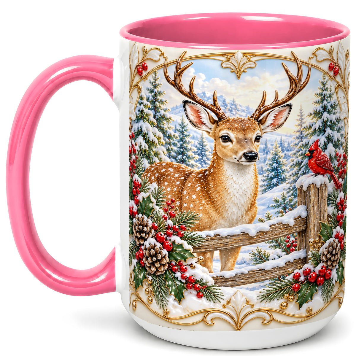 #pl[15oz|Pink] Christmas Deer Coffee Mug, Ornate Winter Buck Mug, Ceramic Cup