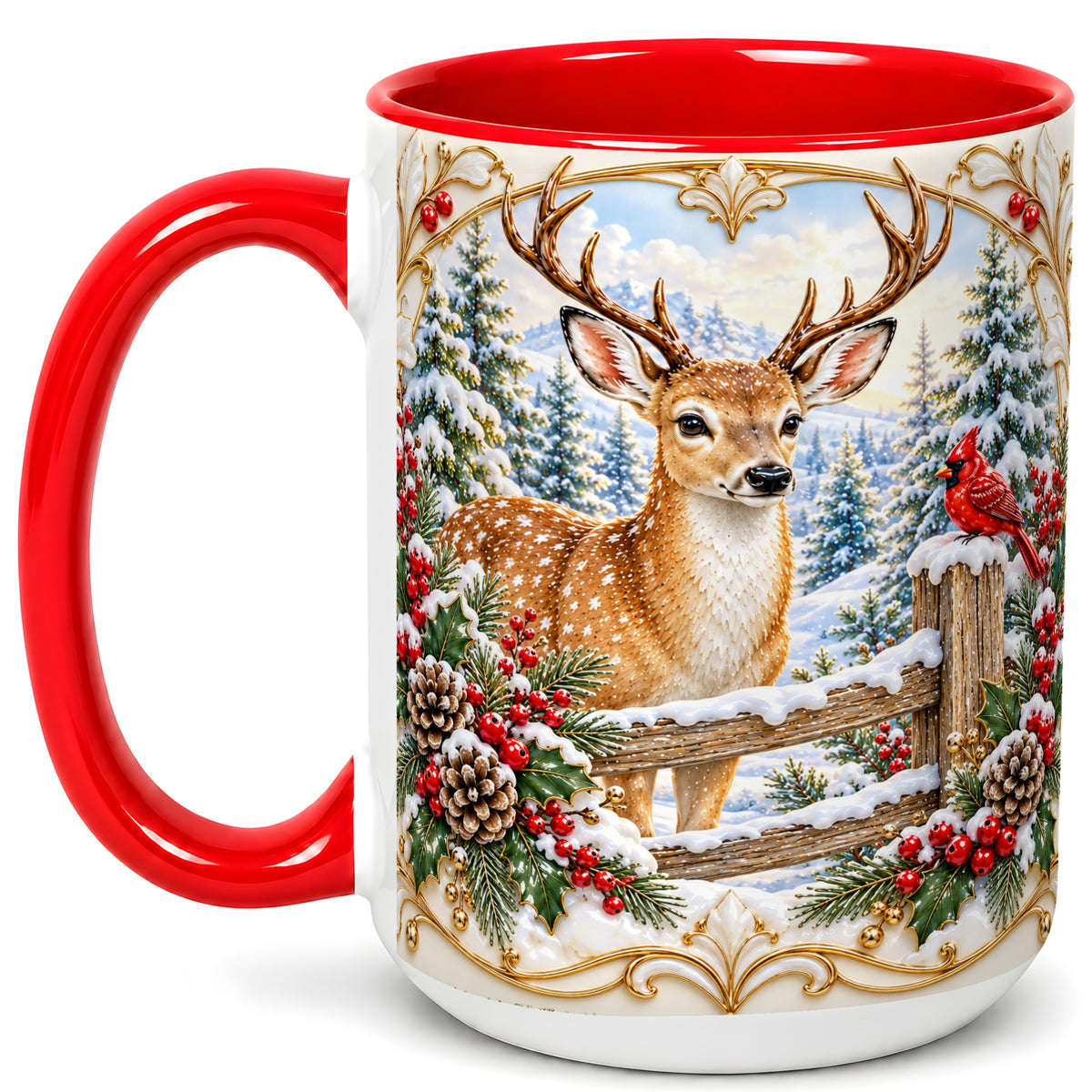 #pl[15oz|Red] Christmas Deer Coffee Mug, Ornate Winter Buck Mug, Ceramic Cup