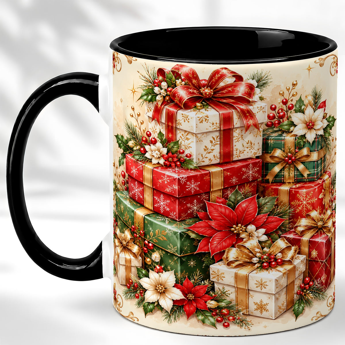 #pl[11oz|Black] Christmas Presents Coffee Mug, Festive Poinsettia Mug, Ceramic Cup
