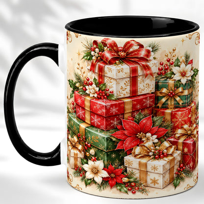 #pl[11oz|Black] Christmas Presents Coffee Mug, Festive Poinsettia Mug, Ceramic Cup