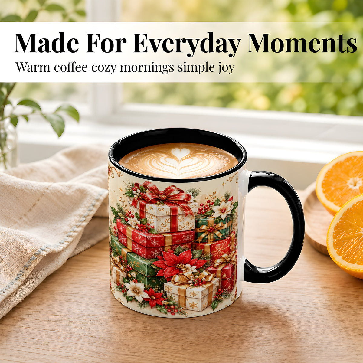 #pl[11oz|Black] Christmas Presents Coffee Mug, Festive Poinsettia Mug, Ceramic Cup