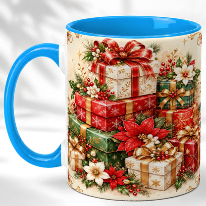 #pl[11oz|Blue] Christmas Presents Coffee Mug, Festive Poinsettia Mug, Ceramic Cup