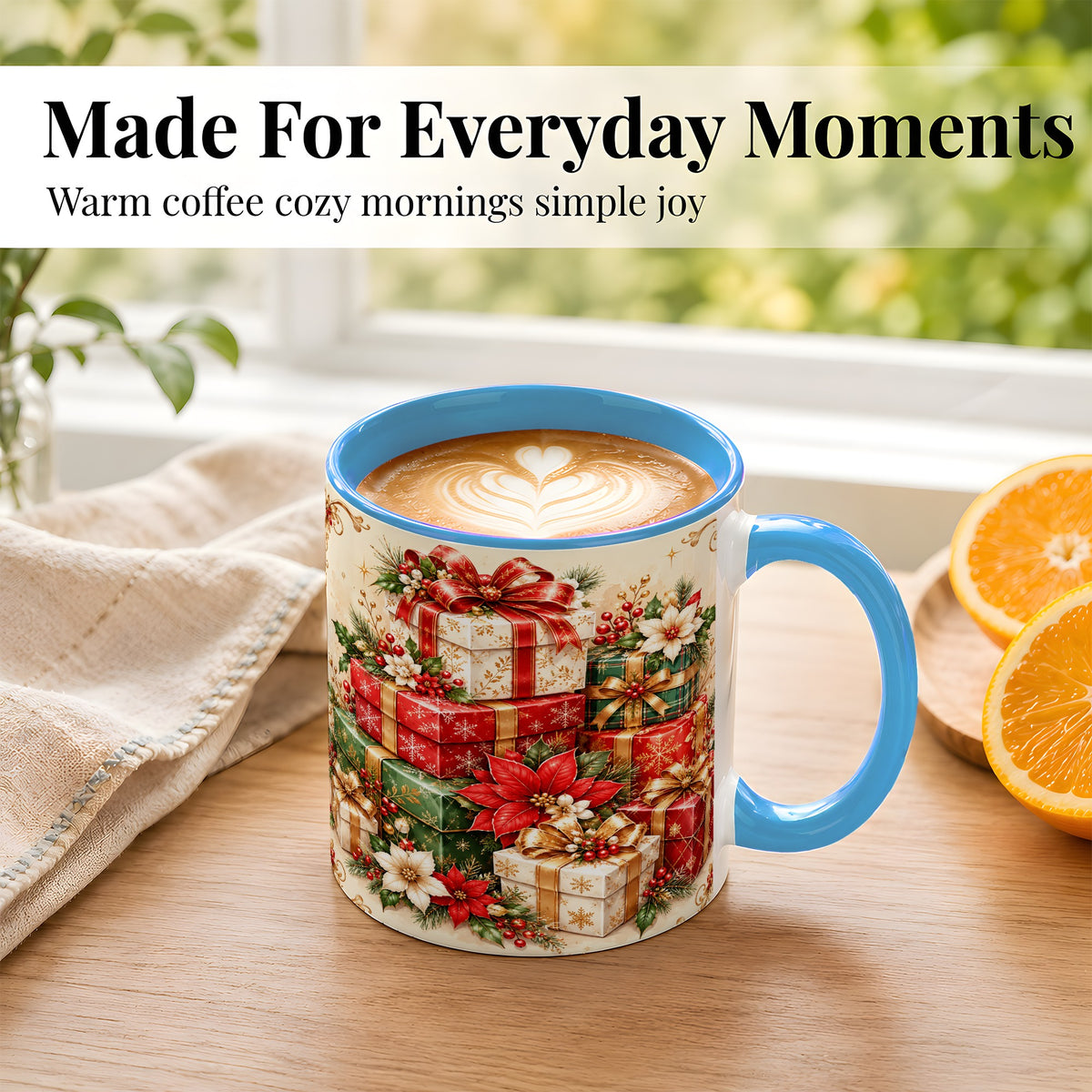 #pl[11oz|Blue] Christmas Presents Coffee Mug, Festive Poinsettia Mug, Ceramic Cup