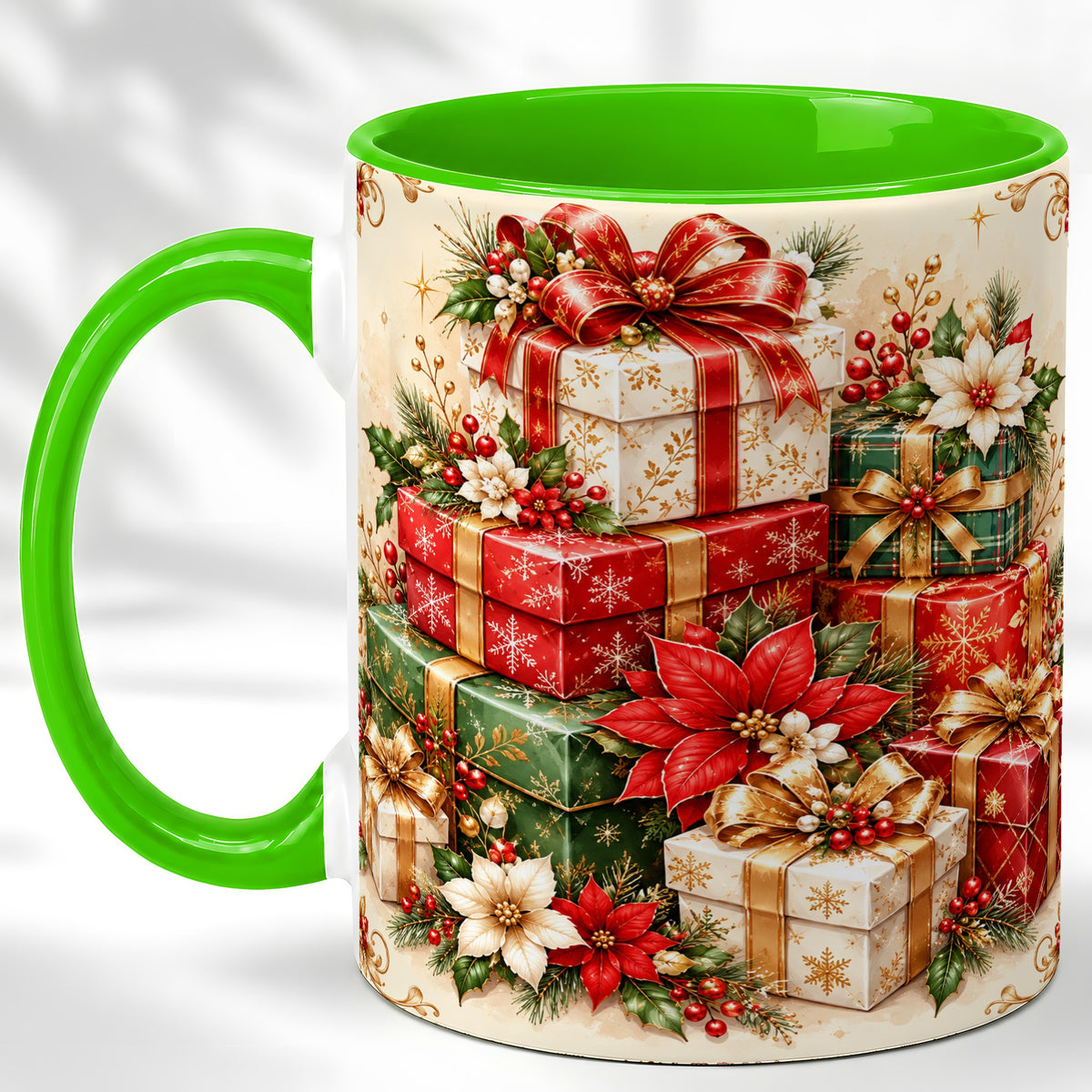 #pl[11oz|Green] Christmas Presents Coffee Mug, Festive Poinsettia Mug, Ceramic Cup