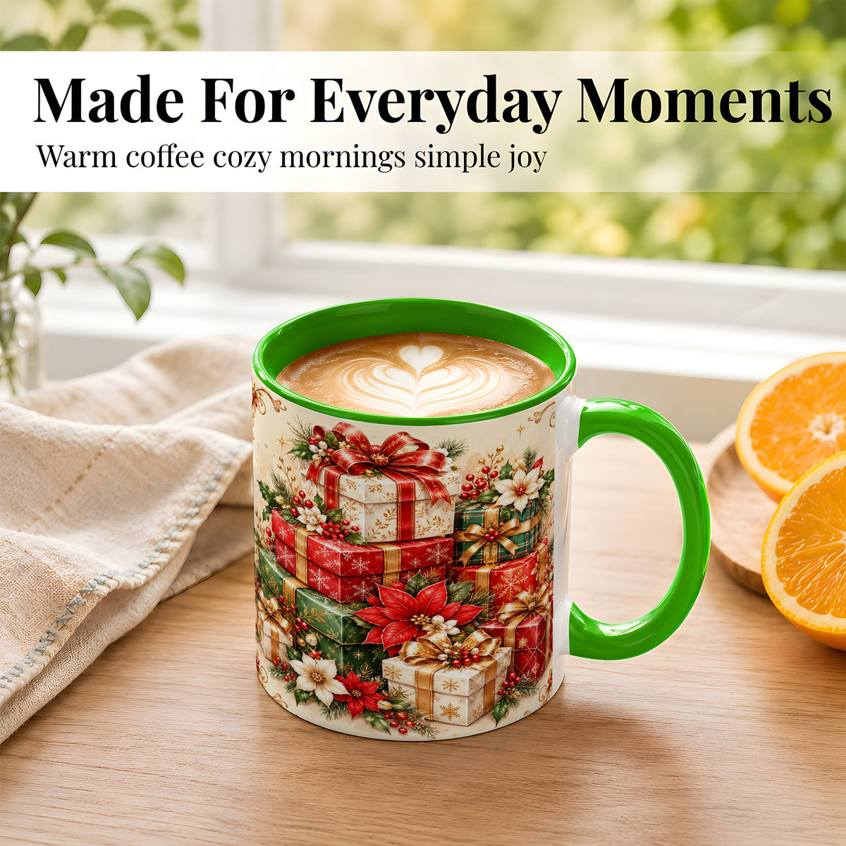 #pl[11oz|Green] Christmas Presents Coffee Mug, Festive Poinsettia Mug, Ceramic Cup
