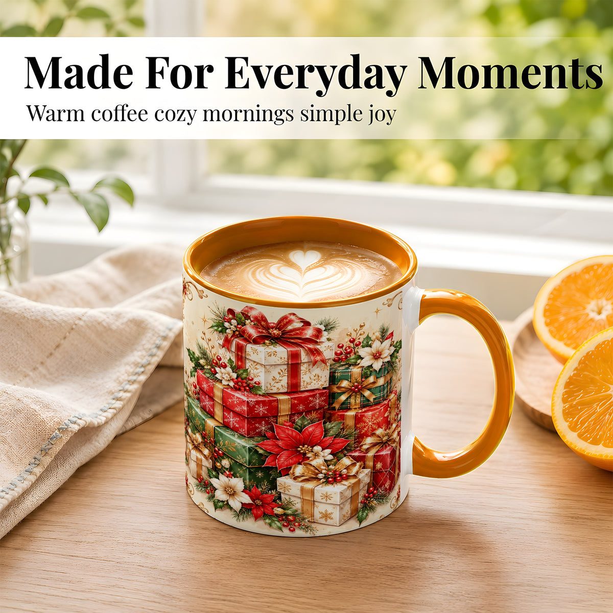 #pl[11oz|Orange] Christmas Presents Coffee Mug, Festive Poinsettia Mug, Ceramic Cup