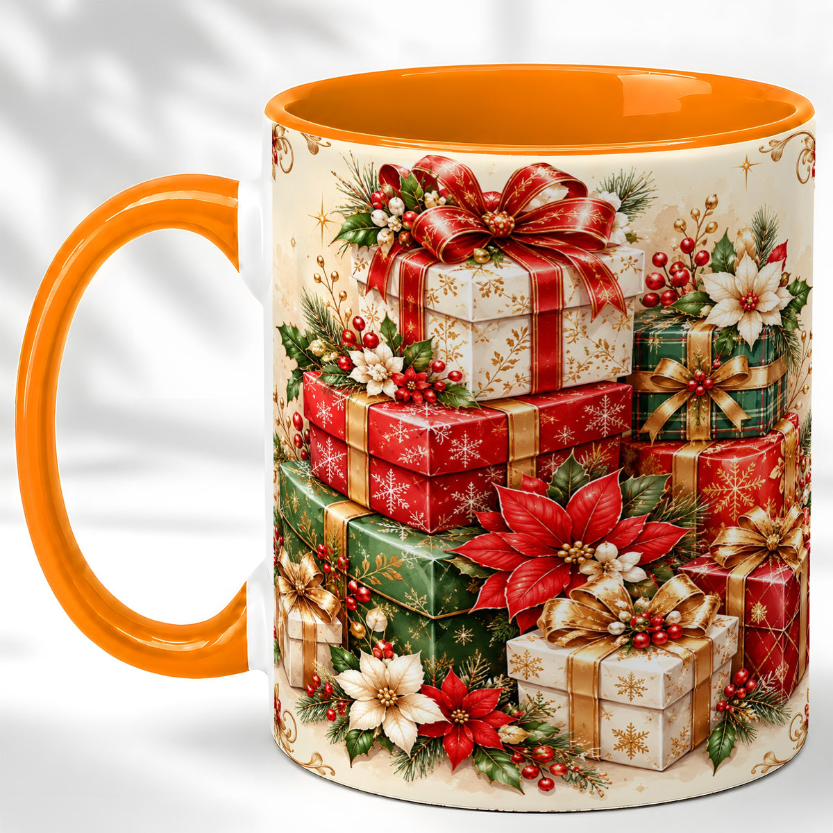 #pl[11oz|Orange] Christmas Presents Coffee Mug, Festive Poinsettia Mug, Ceramic Cup