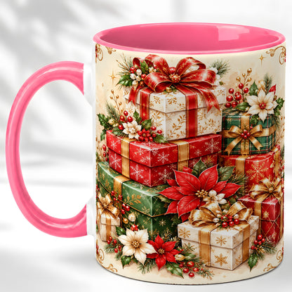 #pl[11oz|Pink] Christmas Presents Coffee Mug, Festive Poinsettia Mug, Ceramic Cup