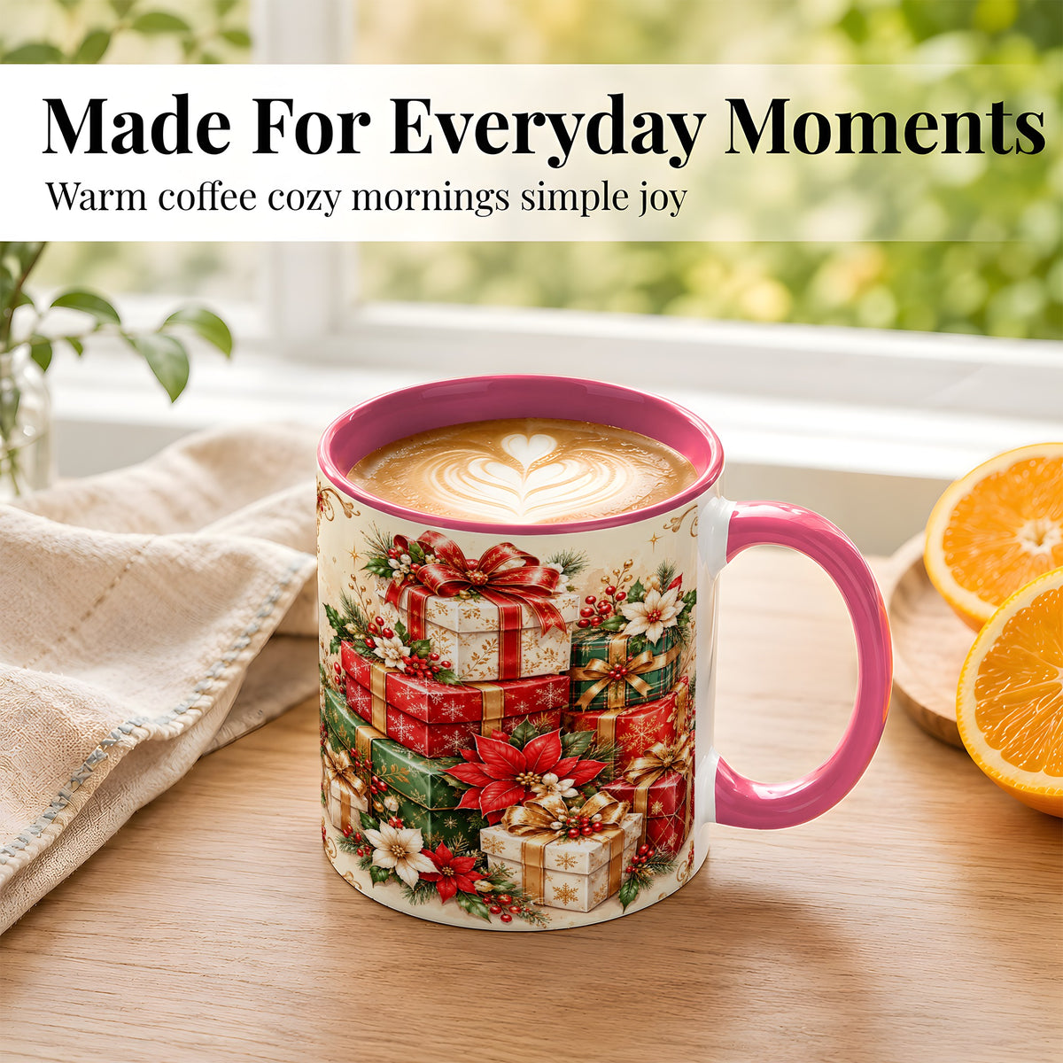 #pl[11oz|Pink] Christmas Presents Coffee Mug, Festive Poinsettia Mug, Ceramic Cup