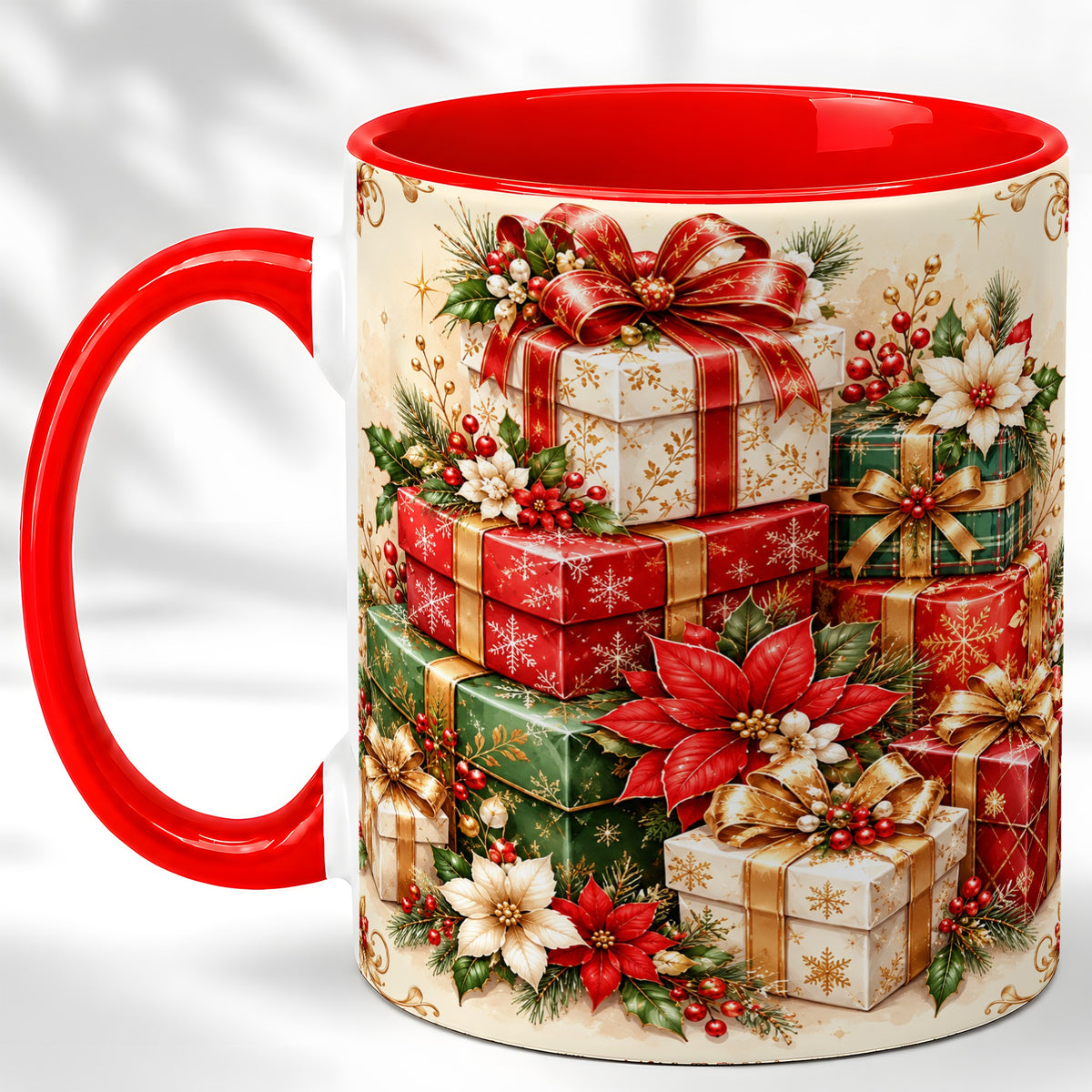 Christmas Presents Coffee Mug, Festive Poinsettia Mug, Ceramic Cup