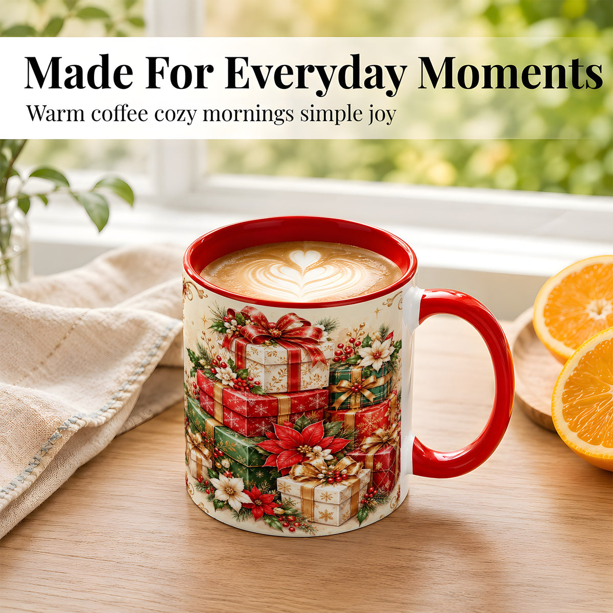 #pl[11oz|Red] Christmas Presents Coffee Mug, Festive Poinsettia Mug, Ceramic Cup