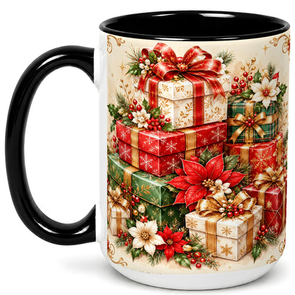 #pl[15oz|Black] Christmas Presents Coffee Mug, Festive Poinsettia Mug, Ceramic Cup