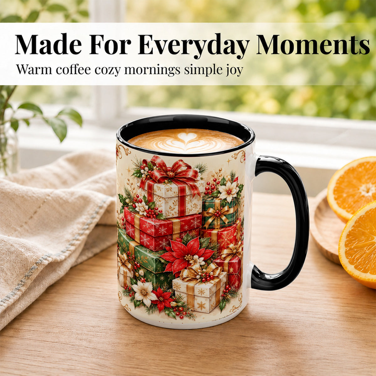#pl[15oz|Black] Christmas Presents Coffee Mug, Festive Poinsettia Mug, Ceramic Cup