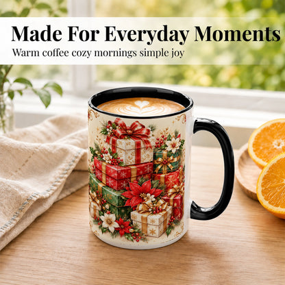 #pl[15oz|Black] Christmas Presents Coffee Mug, Festive Poinsettia Mug, Ceramic Cup