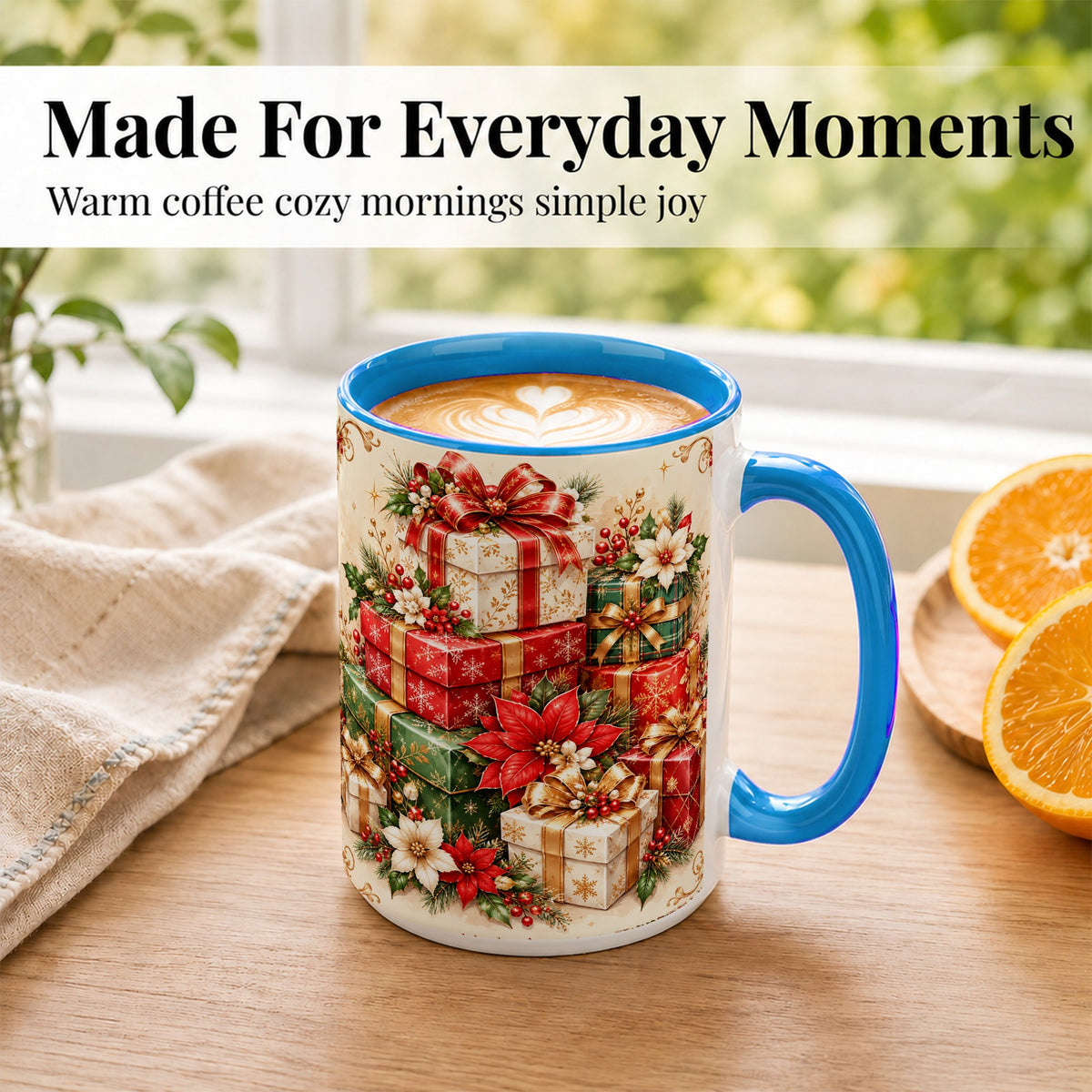 #pl[15oz|Blue] Christmas Presents Coffee Mug, Festive Poinsettia Mug, Ceramic Cup