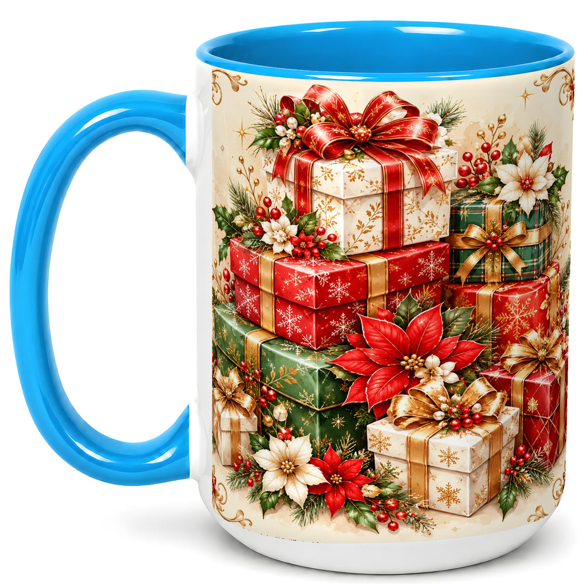 #pl[15oz|Blue] Christmas Presents Coffee Mug, Festive Poinsettia Mug, Ceramic Cup