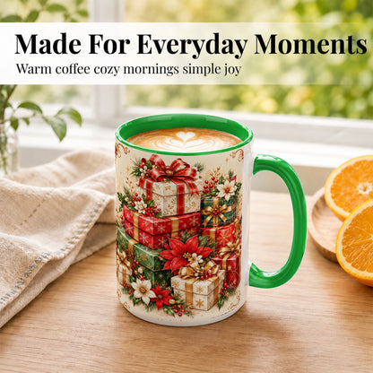 #pl[15oz|Green] Christmas Presents Coffee Mug, Festive Poinsettia Mug, Ceramic Cup